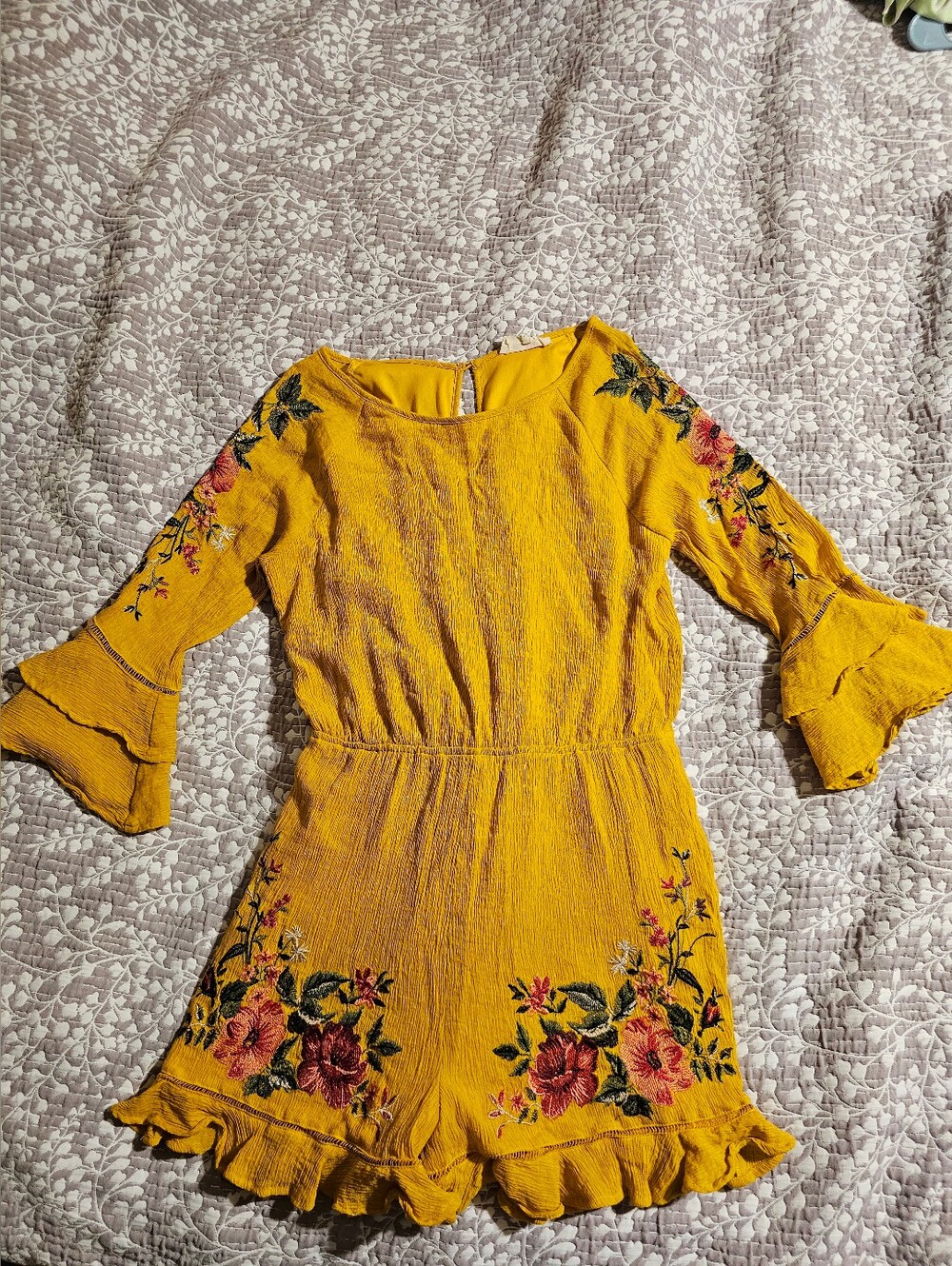 Peach Love California Mustard Yellow Floral Embroidered Romper